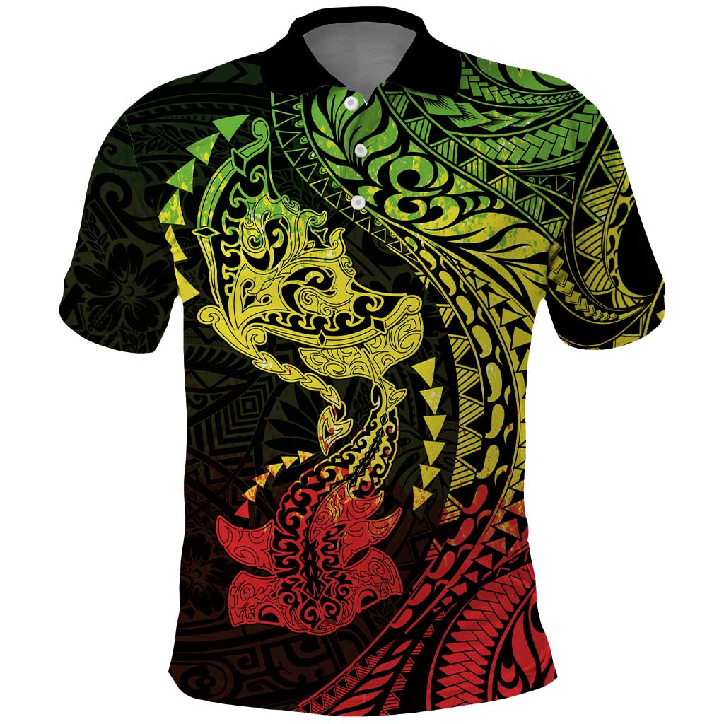 Hawaiian Manta Ray and Hammerhead Shark Tribal Tattoo Polo Shirt with Polynesian Tribal Pattern Reggae Style