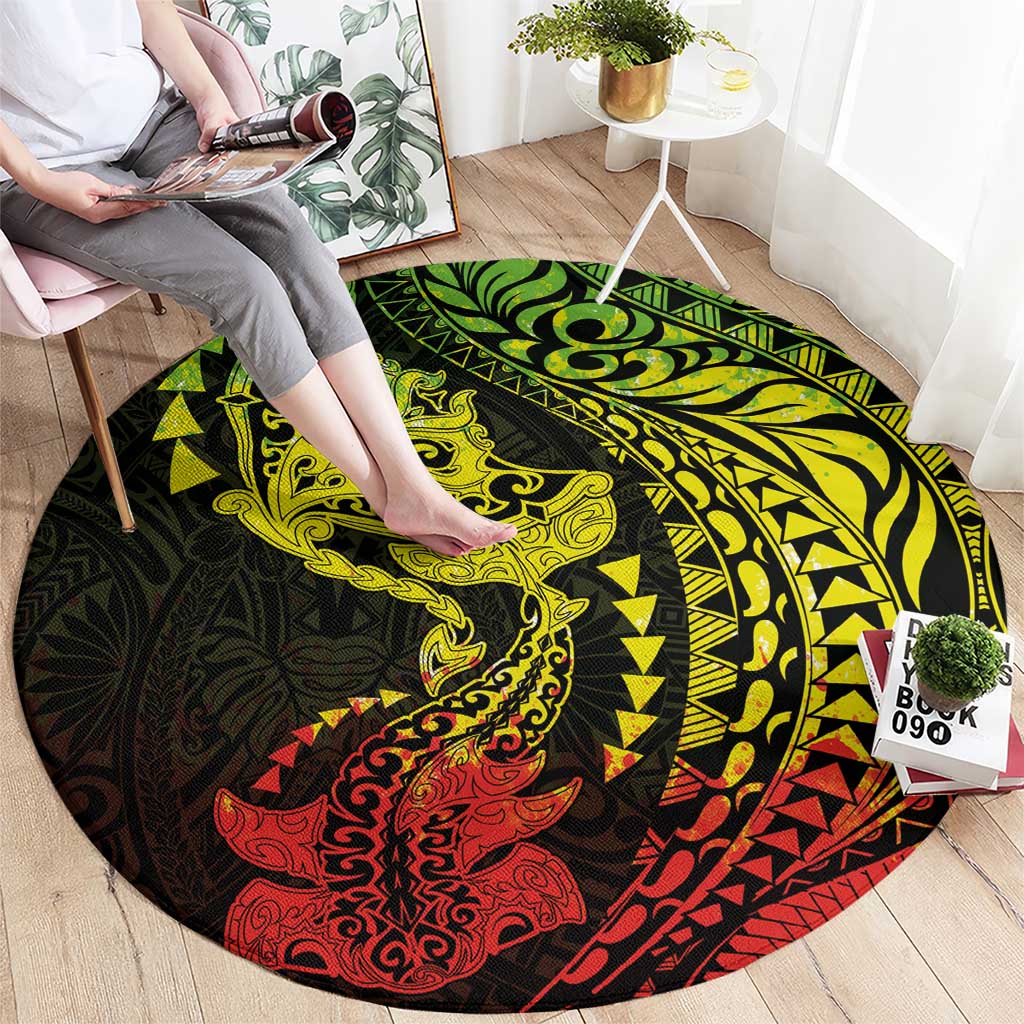 Hawaiian Manta Ray and Hammerhead Shark Tribal Tattoo Round Carpet with Polynesian Tribal Pattern Reggae Style LT03 - Polynesian Pride