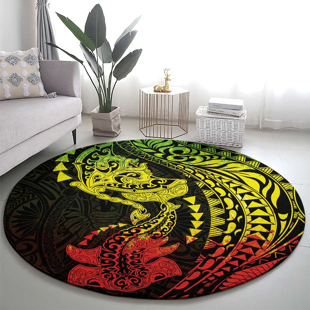 Hawaiian Manta Ray and Hammerhead Shark Tribal Tattoo Round Carpet with Polynesian Tribal Pattern Reggae Style LT03 - Polynesian Pride