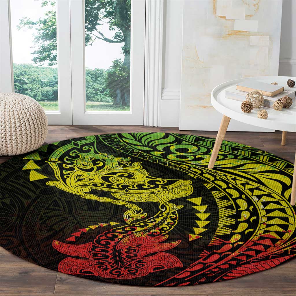 Hawaiian Manta Ray and Hammerhead Shark Tribal Tattoo Round Carpet with Polynesian Tribal Pattern Reggae Style LT03 - Polynesian Pride