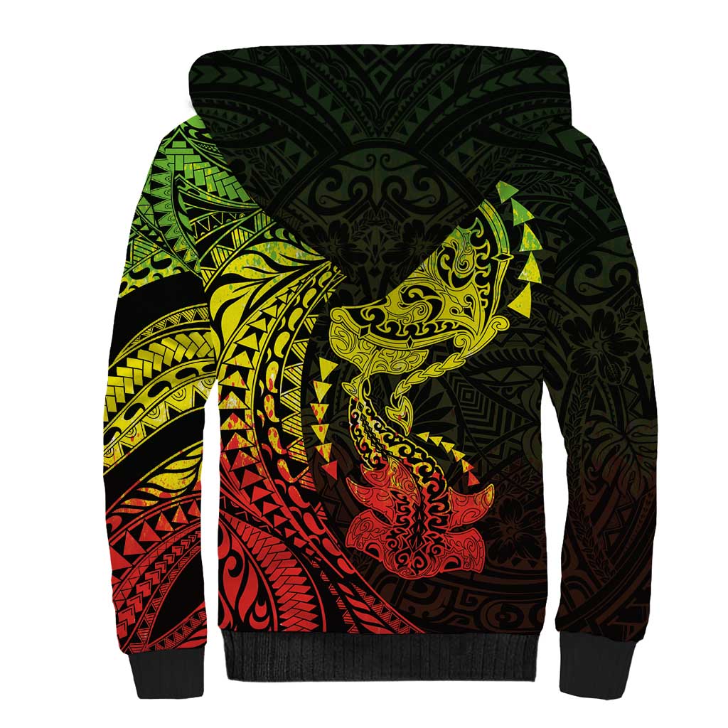 Hawaiian Manta Ray and Hammerhead Shark Tribal Tattoo Sherpa Hoodie with Polynesian Tribal Pattern Reggae Style