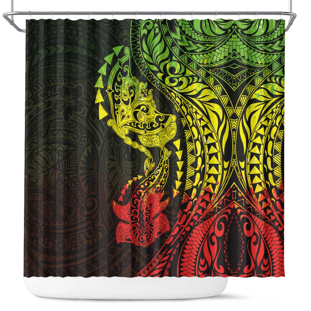 Hawaiian Manta Ray and Hammerhead Shark Tribal Tattoo Shower Curtain with Polynesian Tribal Pattern Reggae Style