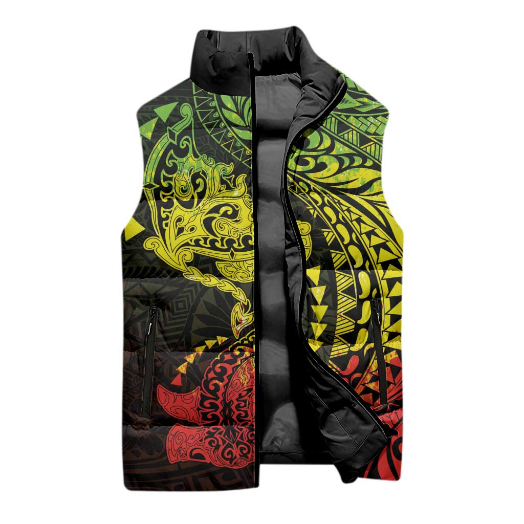 Hawaiian Manta Ray and Hammerhead Shark Tribal Tattoo Sleeveless Puffer Jacket with Polynesian Tribal Pattern Reggae Style LT03 - Polynesian Pride