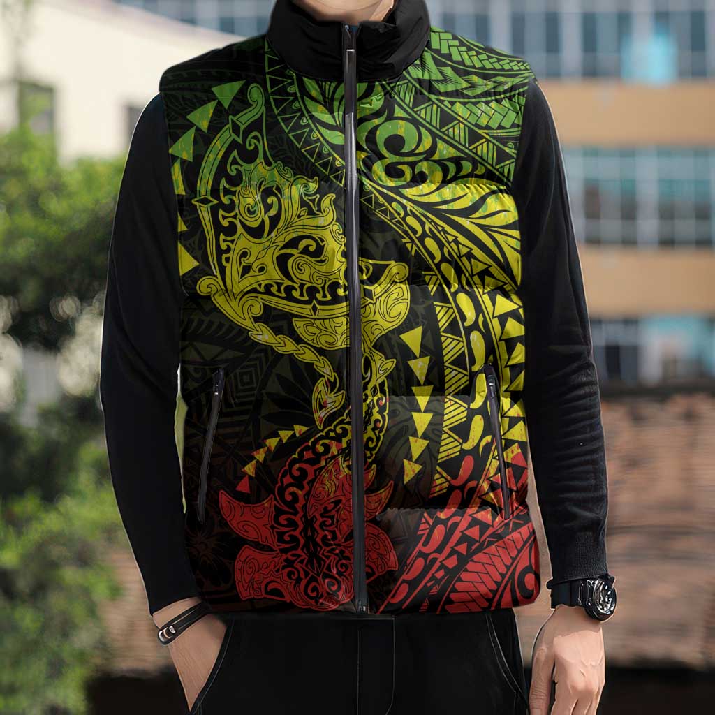 Hawaiian Manta Ray and Hammerhead Shark Tribal Tattoo Sleeveless Puffer Jacket with Polynesian Tribal Pattern Reggae Style LT03 - Polynesian Pride