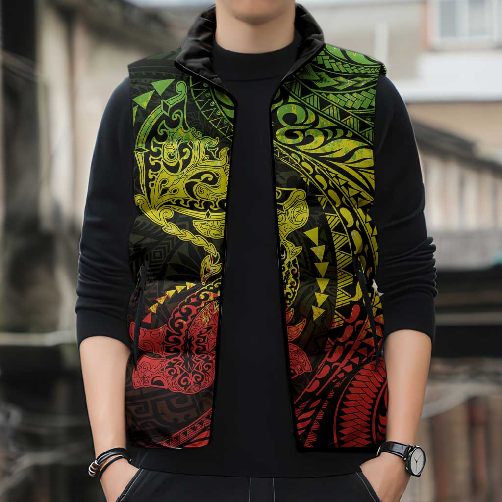 Hawaiian Manta Ray and Hammerhead Shark Tribal Tattoo Sleeveless Puffer Jacket with Polynesian Tribal Pattern Reggae Style LT03 - Polynesian Pride