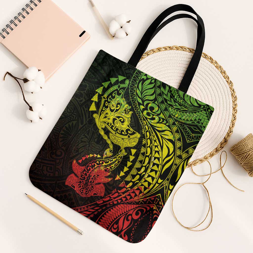 Hawaiian Manta Ray and Hammerhead Shark Tribal Tattoo Tote Bag with Polynesian Tribal Pattern Reggae Style