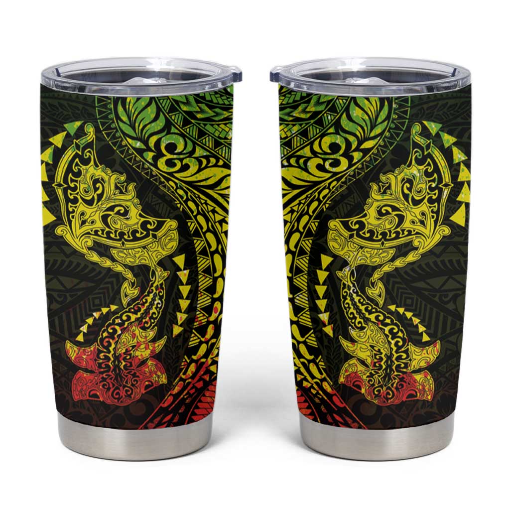 Hawaiian Manta Ray and Hammerhead Shark Tribal Tattoo Tumbler Cup with Polynesian Tribal Pattern Reggae Style