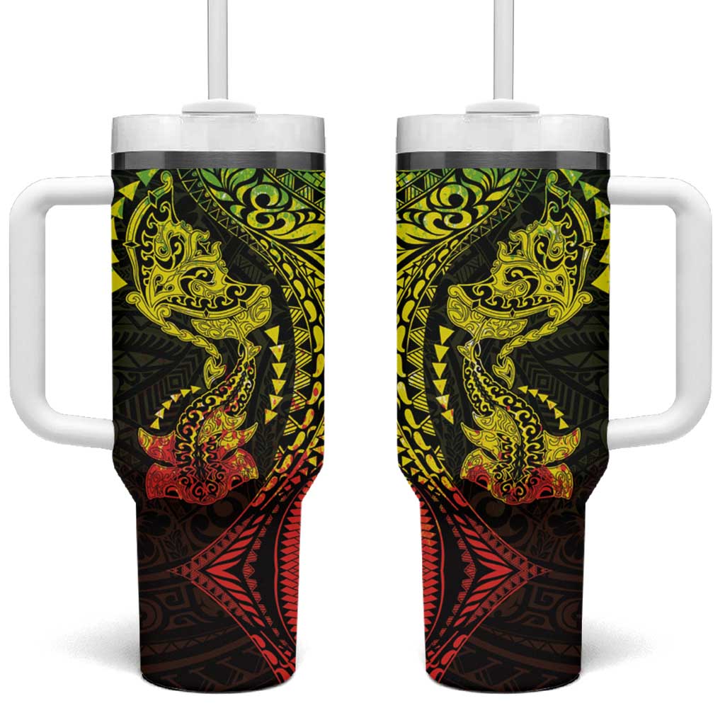 Hawaiian Manta Ray and Hammerhead Shark Tribal Tattoo Tumbler With Handle with Polynesian Tribal Pattern Reggae Style
