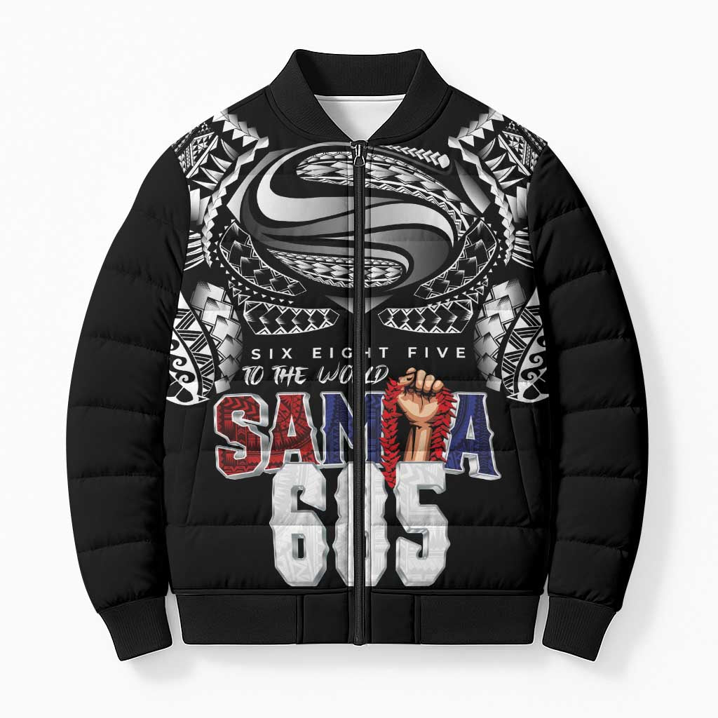 Super Samoa-Six Eight Five to The World Bomber Puffer Jacket Traditional Samoan Tattoo Black Color LT03 Unisex Black - Polynesian Pride