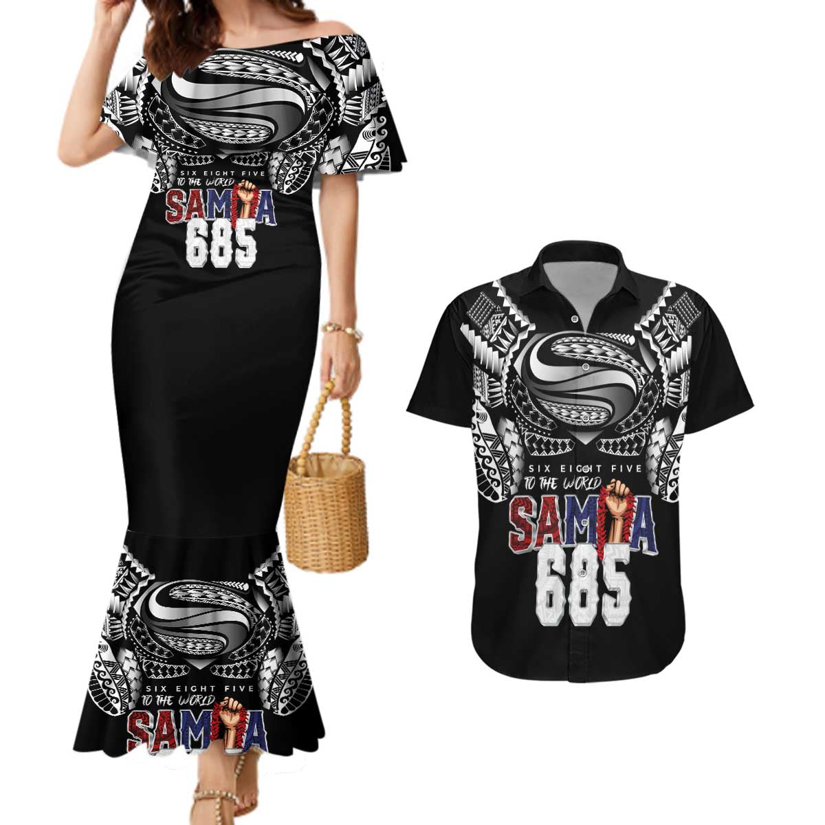 Super Samoa-Six Eight Five to The World Couples Matching Mermaid Dress and Hawaiian Shirt Traditional Samoan Tattoo Black Color LT03 Black - Polynesian Pride