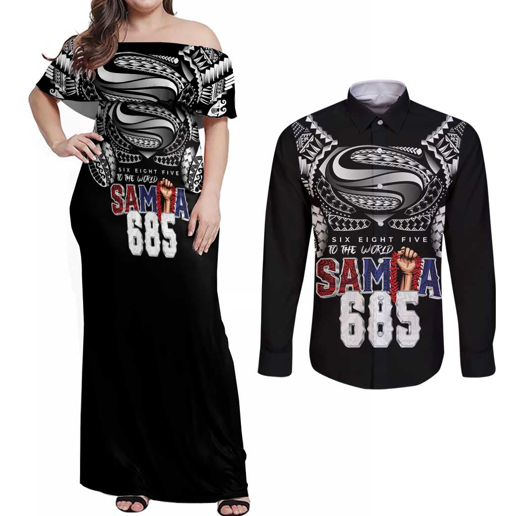 Super Samoa-Six Eight Five to The World Couples Matching Off Shoulder Maxi Dress and Long Sleeve Button Shirt Traditional Samoan Tattoo Black Color LT03 Black - Polynesian Pride