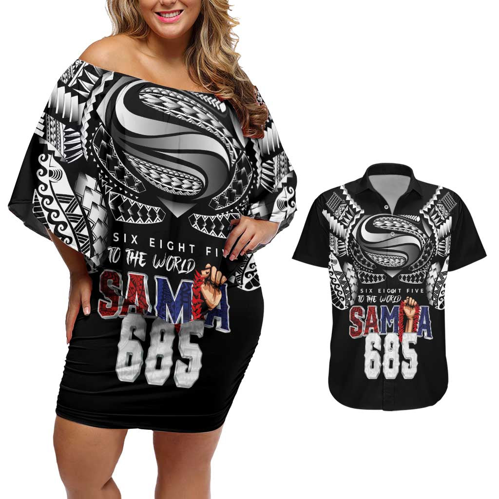 Super Samoa-Six Eight Five to The World Couples Matching Off Shoulder Short Dress and Hawaiian Shirt Traditional Samoan Tattoo Black Color