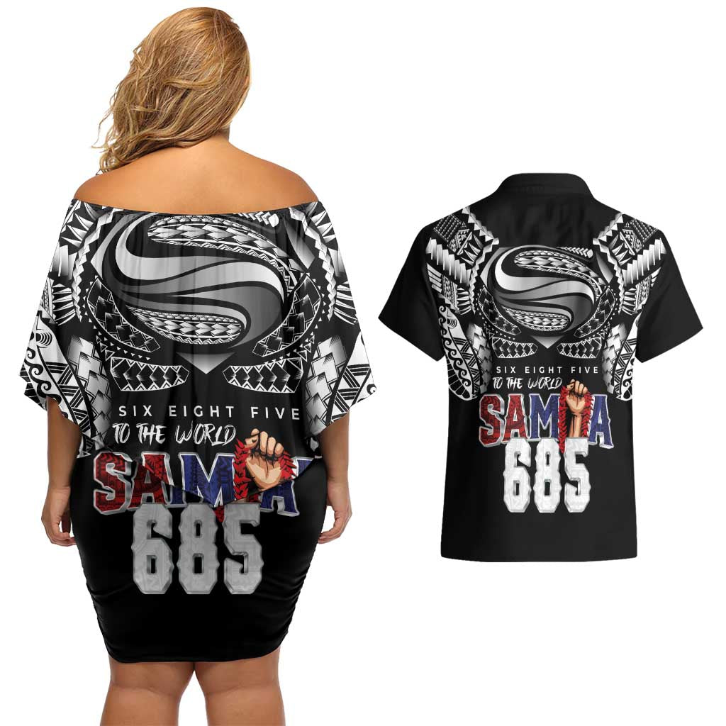 Super Samoa-Six Eight Five to The World Couples Matching Off Shoulder Short Dress and Hawaiian Shirt Traditional Samoan Tattoo Black Color
