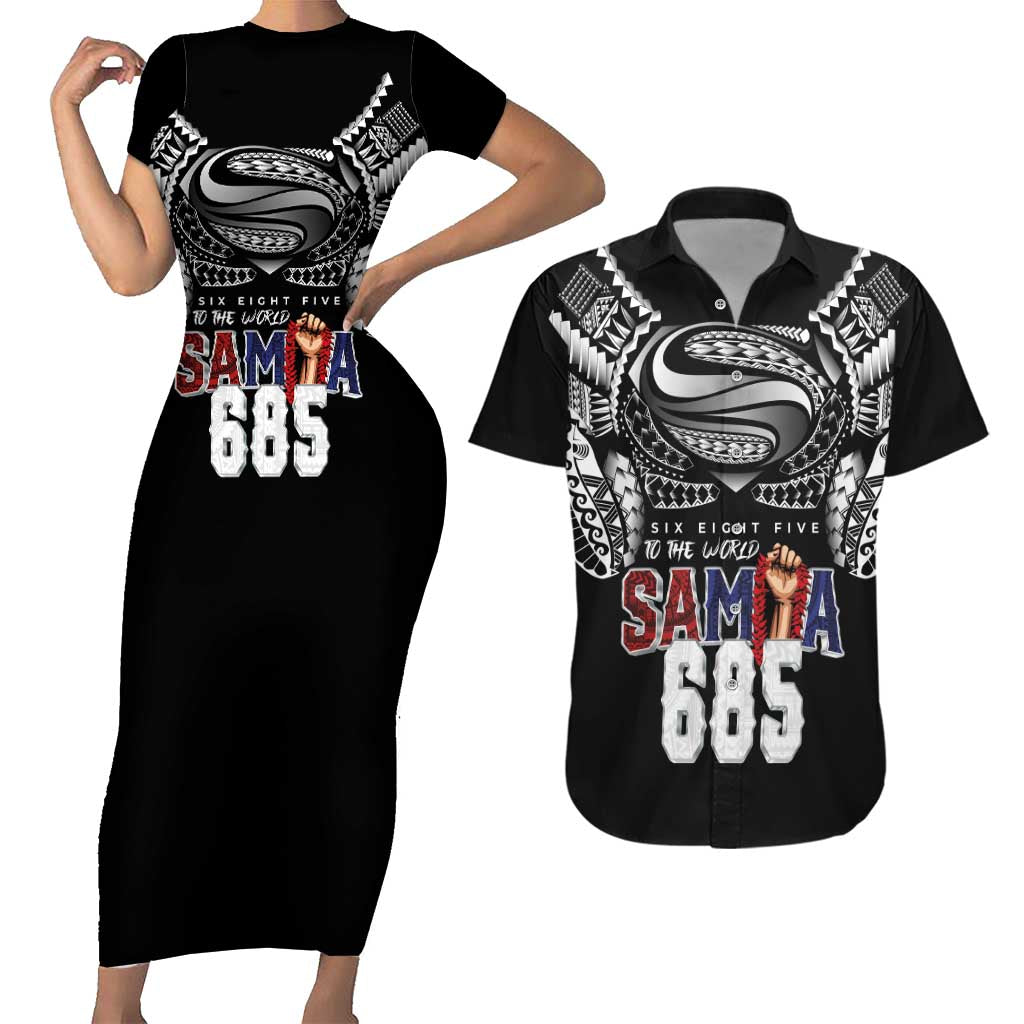 Super Samoa-Six Eight Five to The World Couples Matching Short Sleeve Bodycon Dress and Hawaiian Shirt Traditional Samoan Tattoo Black Color LT03 Black - Polynesian Pride