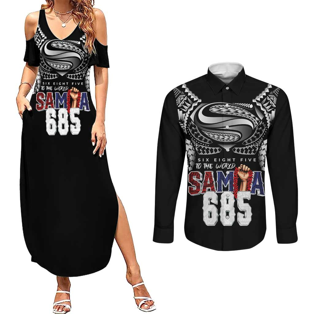 Super Samoa-Six Eight Five to The World Couples Matching Summer Maxi Dress and Long Sleeve Button Shirt Traditional Samoan Tattoo Black Color LT03 Black - Polynesian Pride