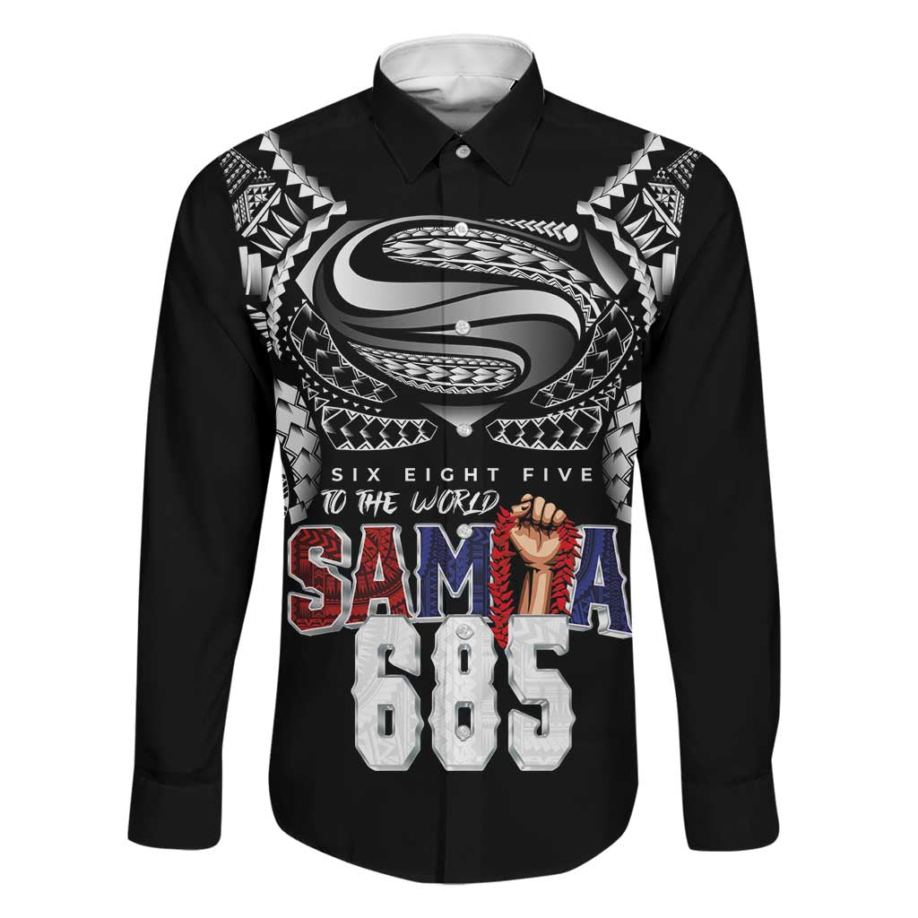 Super Samoa-Six Eight Five to The World Family Matching Off The Shoulder Long Sleeve Dress and Hawaiian Shirt Traditional Samoan Tattoo Black Color LT03 Dad's Shirt - Long Sleeve Black - Polynesian Pride