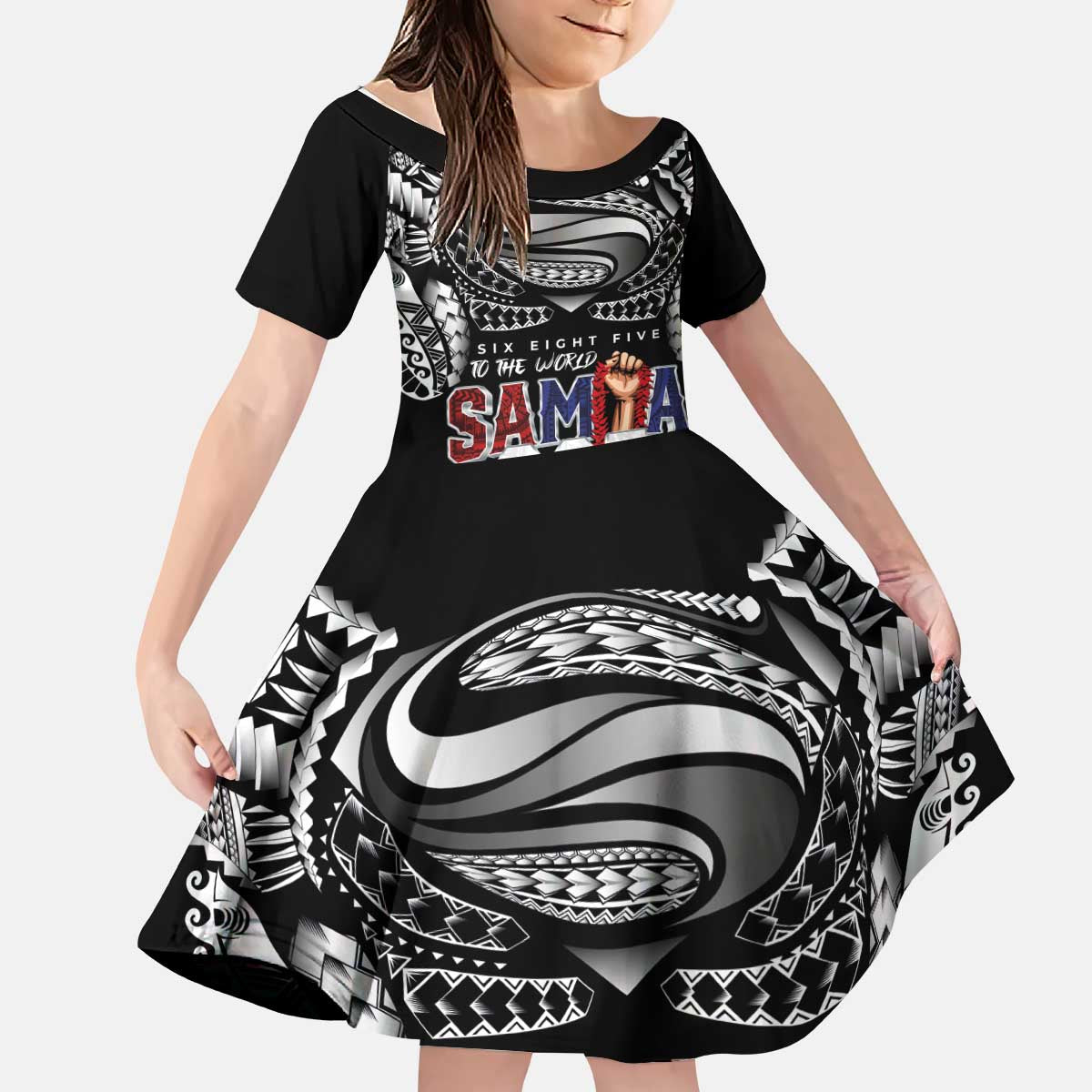 Super Samoa-Six Eight Five to The World Kid Short Sleeve Dress Traditional Samoan Tattoo Black Color