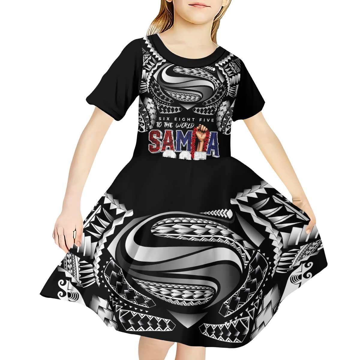 Super Samoa-Six Eight Five to The World Kid Short Sleeve Dress Traditional Samoan Tattoo Black Color