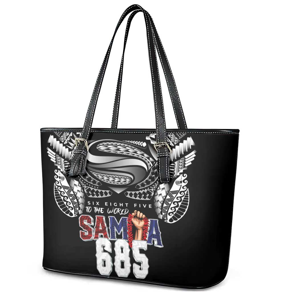 Super Samoa-Six Eight Five to The World Leather Tote Bag Traditional Samoan Tattoo Black Color