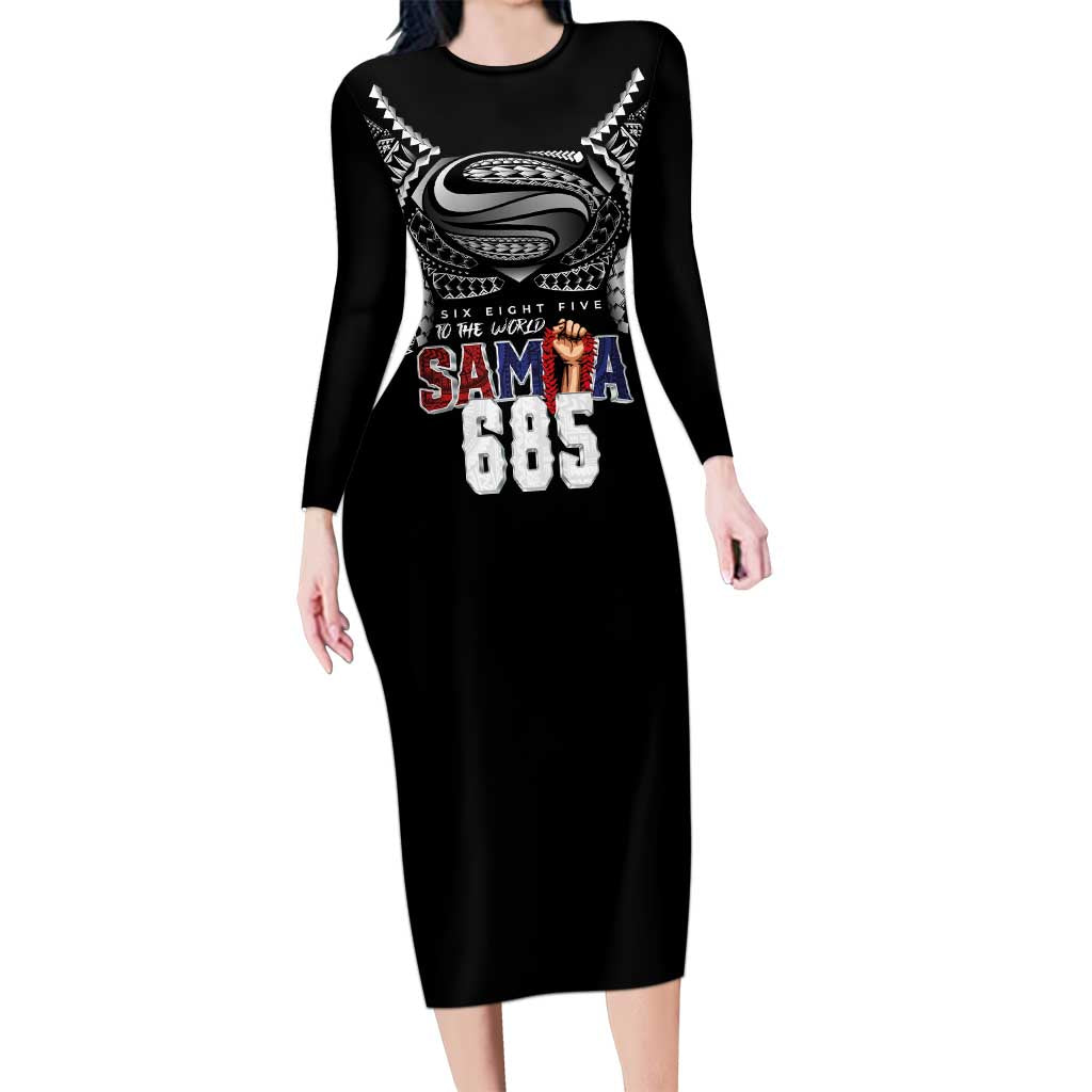 Super Samoa-Six Eight Five to The World Long Sleeve Bodycon Dress Traditional Samoan Tattoo Black Color