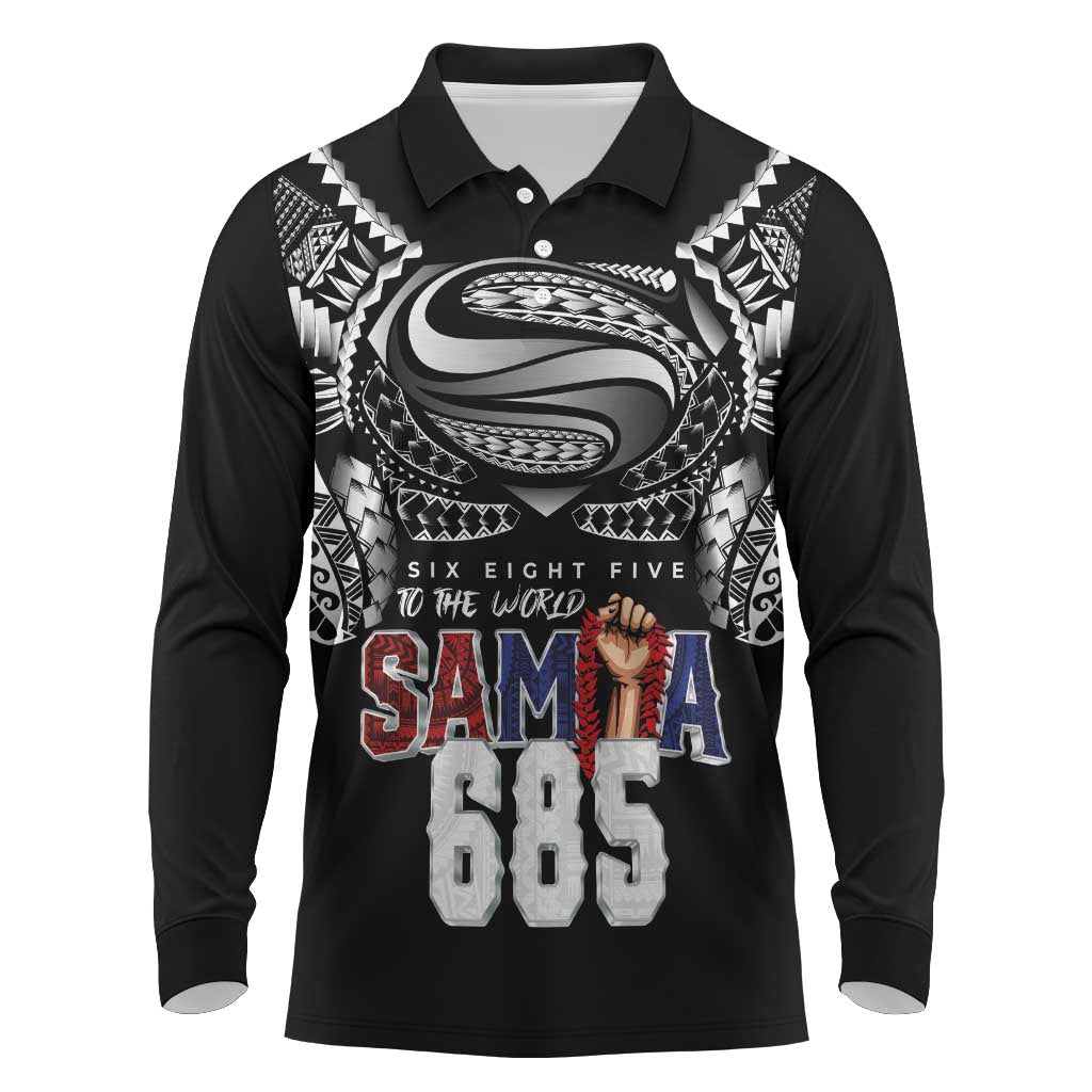 Super Samoa-Six Eight Five to The World Long Sleeve Polo Shirt Traditional Samoan Tattoo Black Color LT03 Black - Polynesian Pride