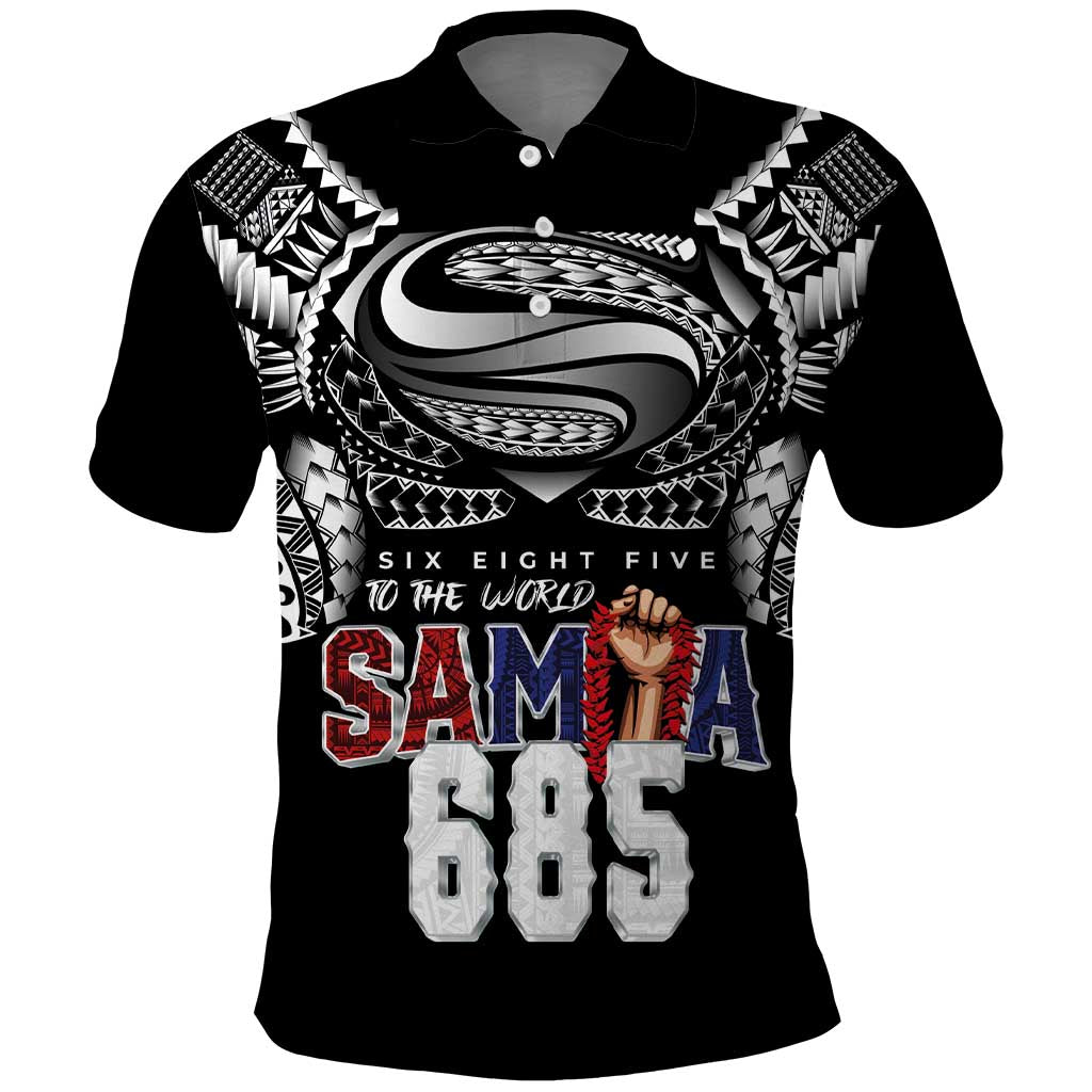 Super Samoa-Six Eight Five to The World Polo Shirt Traditional Samoan Tattoo Black Color