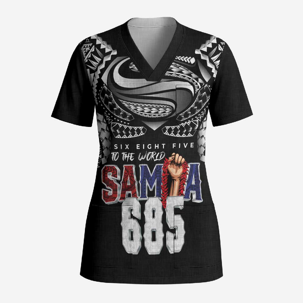 Super Samoa-Six Eight Five to The World Scrub Top Traditional Samoan Tattoo Black Color