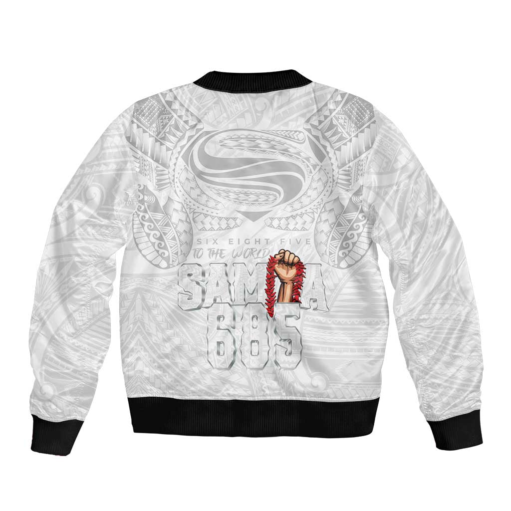 Super Samoa-Six Eight Five to The World Bomber Jacket Traditional Samoan Tattoo All White LT03 - Polynesian Pride