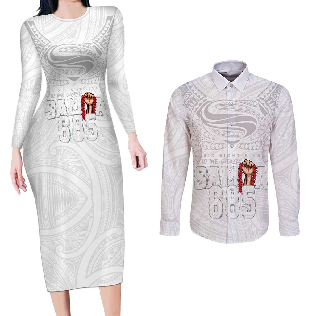 Super Samoa-Six Eight Five to The World Couples Matching Long Sleeve Bodycon Dress and Long Sleeve Button Shirt Traditional Samoan Tattoo All White LT03 White - Polynesian Pride