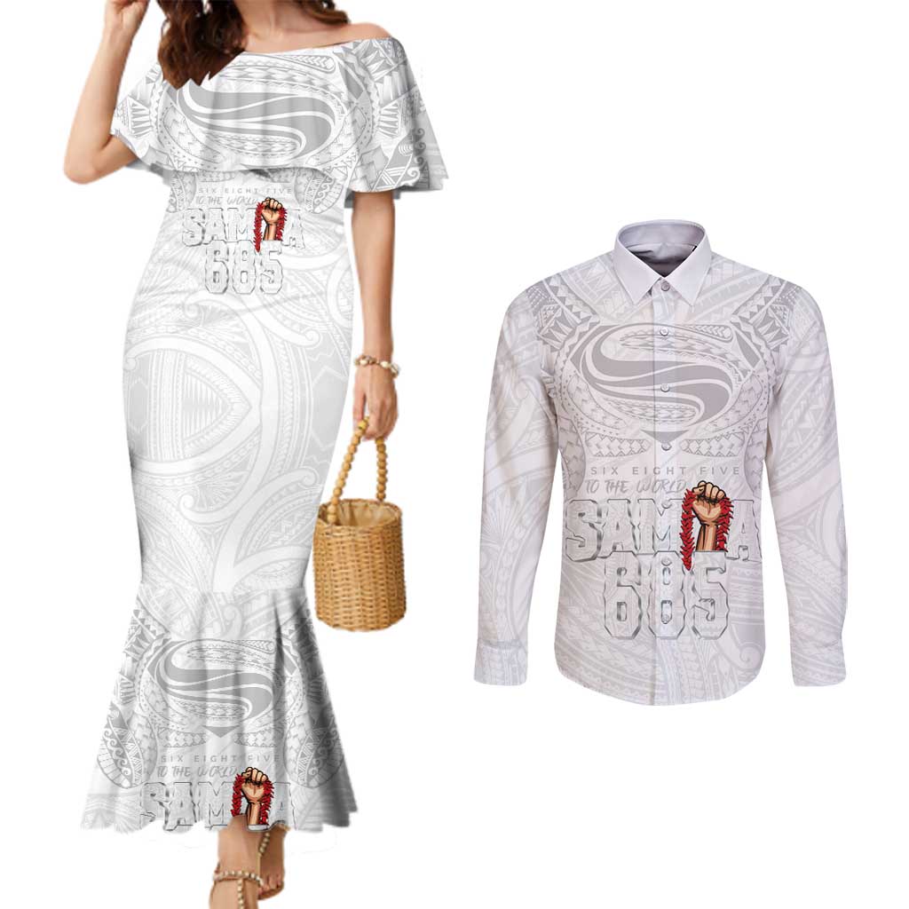 Super Samoa-Six Eight Five to The World Couples Matching Mermaid Dress and Long Sleeve Button Shirt Traditional Samoan Tattoo All White LT03 White - Polynesian Pride