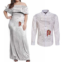 Super Samoa-Six Eight Five to The World Couples Matching Off Shoulder Maxi Dress and Long Sleeve Button Shirt Traditional Samoan Tattoo All White