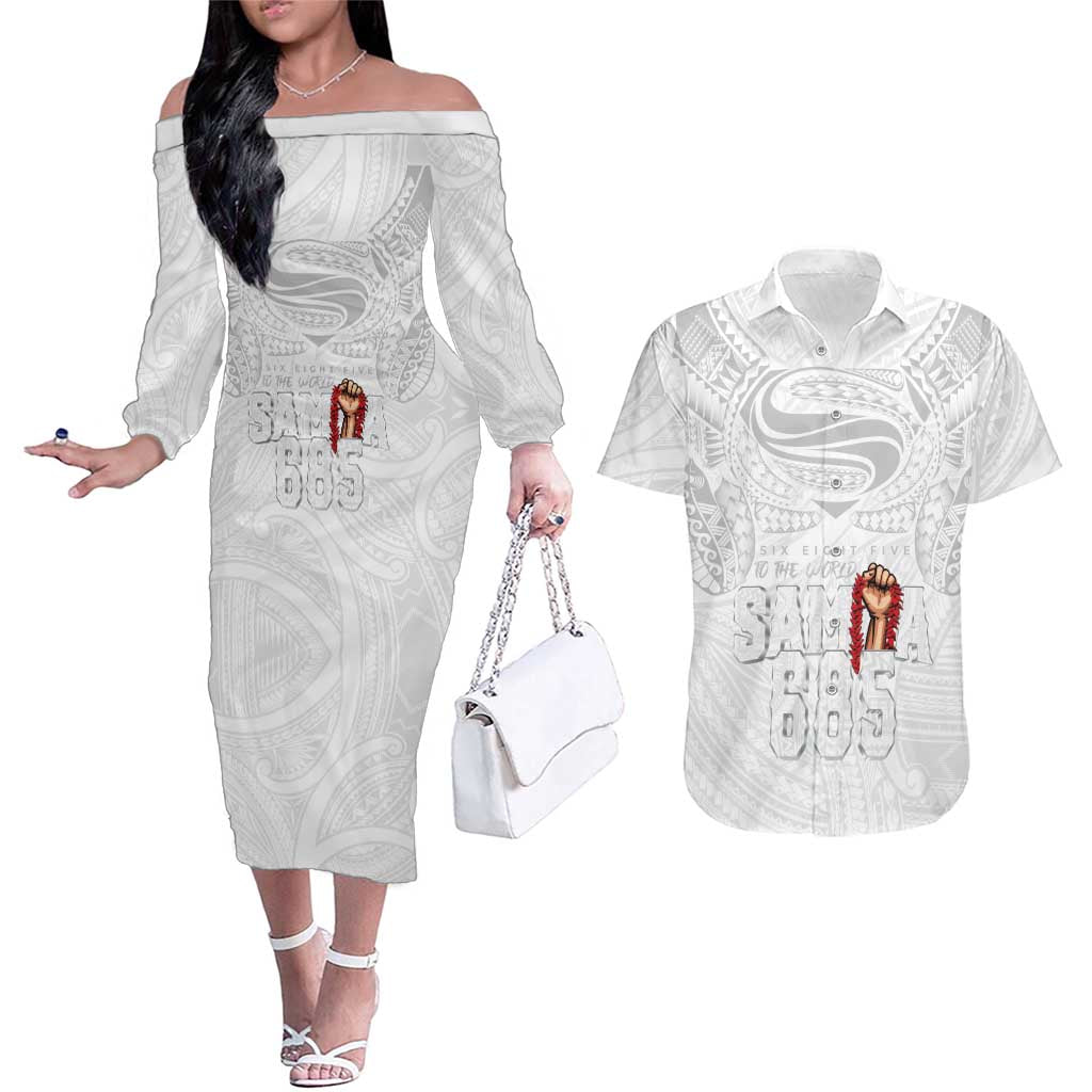 Super Samoa-Six Eight Five to The World Couples Matching Off The Shoulder Long Sleeve Dress and Hawaiian Shirt Traditional Samoan Tattoo All White