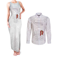 Super Samoa-Six Eight Five to The World Couples Matching Tank Maxi Dress and Long Sleeve Button Shirt Traditional Samoan Tattoo All White