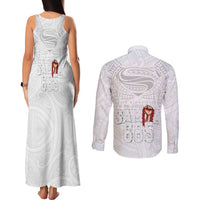 Super Samoa-Six Eight Five to The World Couples Matching Tank Maxi Dress and Long Sleeve Button Shirt Traditional Samoan Tattoo All White