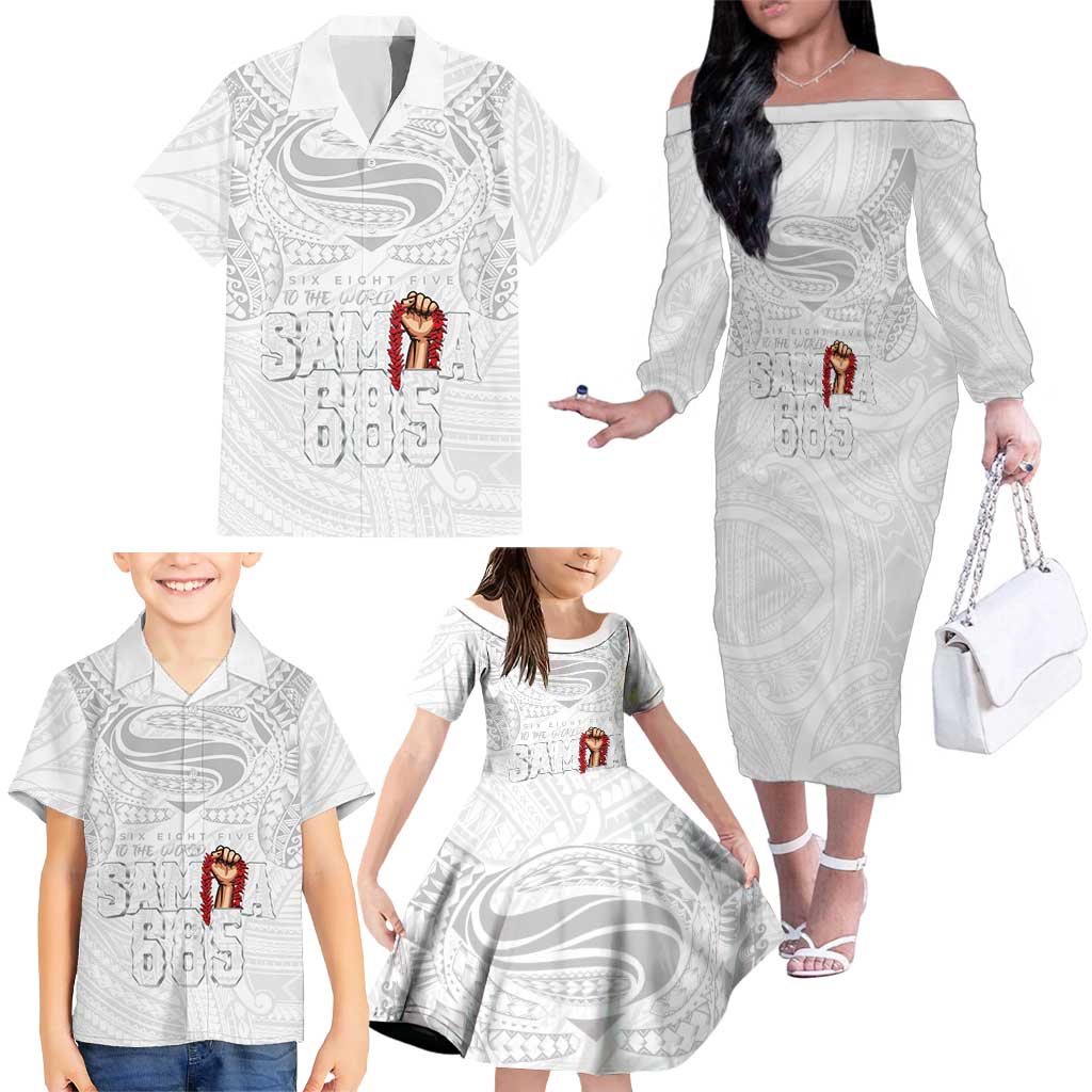 Super Samoa-Six Eight Five to The World Family Matching Off The Shoulder Long Sleeve Dress and Hawaiian Shirt Traditional Samoan Tattoo All White