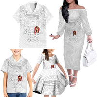 Super Samoa-Six Eight Five to The World Family Matching Off The Shoulder Long Sleeve Dress and Hawaiian Shirt Traditional Samoan Tattoo All White