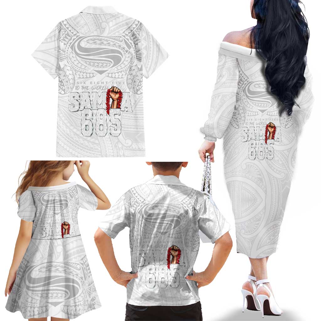 Super Samoa-Six Eight Five to The World Family Matching Off The Shoulder Long Sleeve Dress and Hawaiian Shirt Traditional Samoan Tattoo All White