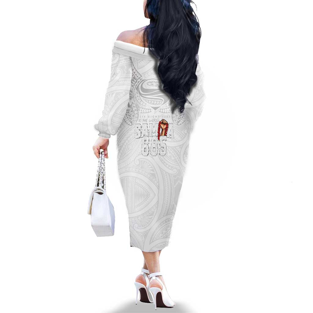 Super Samoa-Six Eight Five to The World Family Matching Off The Shoulder Long Sleeve Dress and Hawaiian Shirt Traditional Samoan Tattoo All White
