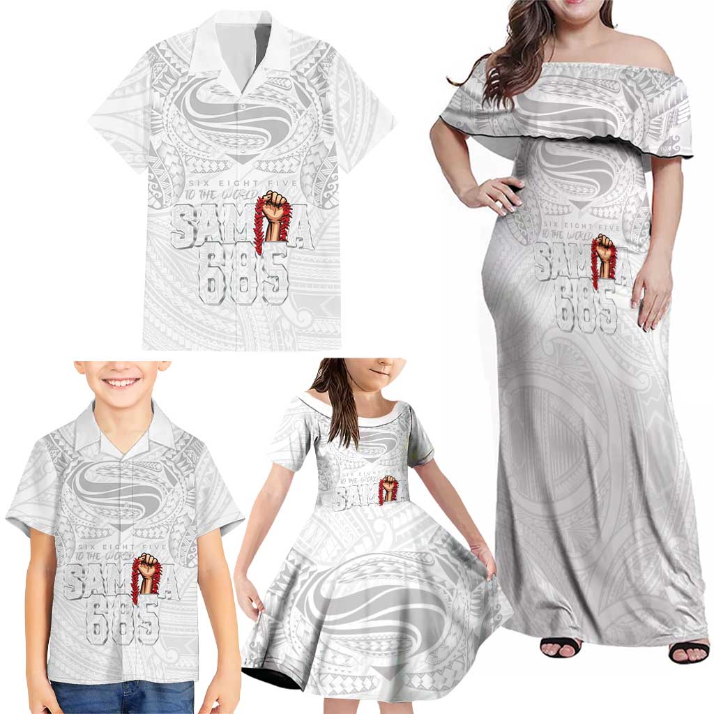 Super Samoa-Six Eight Five to The World Family Matching Off Shoulder Maxi Dress and Hawaiian Shirt Traditional Samoan Tattoo All White LT03 - Polynesian Pride