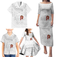 Super Samoa-Six Eight Five to The World Family Matching Puletasi and Hawaiian Shirt Traditional Samoan Tattoo All White