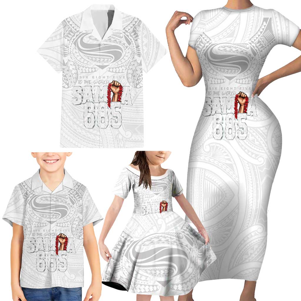 Super Samoa-Six Eight Five to The World Family Matching Short Sleeve Bodycon Dress and Hawaiian Shirt Traditional Samoan Tattoo All White LT03 - Polynesian Pride