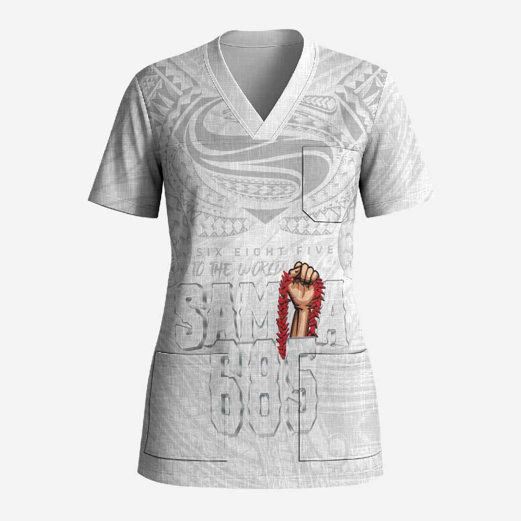 Super Samoa-Six Eight Five to The World Scrub Top Traditional Samoan Tattoo All White
