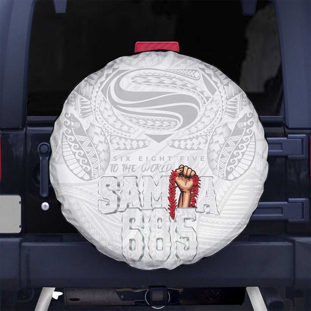 Super Samoa-Six Eight Five to The World Spare Tire Cover Traditional Samoan Tattoo All White LT03 No hole White - Polynesian Pride