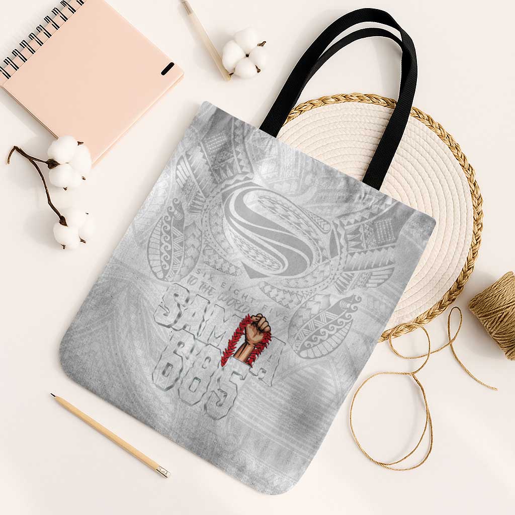 Super Samoa-Six Eight Five to The World Tote Bag Traditional Samoan Tattoo All White