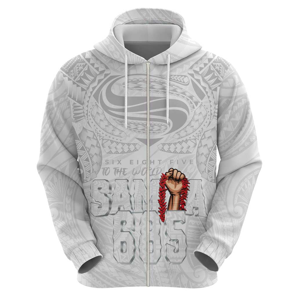 Super Samoa-Six Eight Five to The World Zip Hoodie Traditional Samoan Tattoo All White LT03 - Polynesian Pride