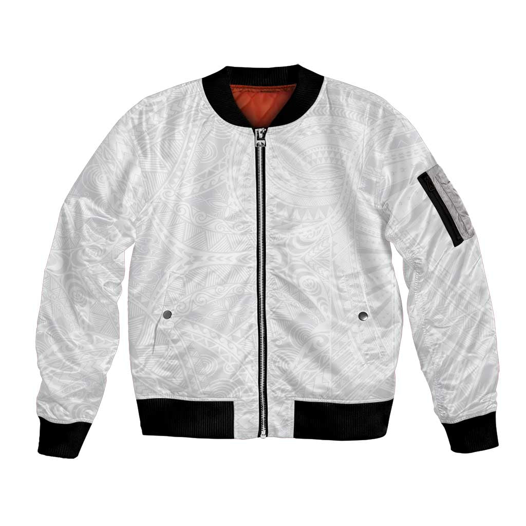 Lotu Tamaiti Samoan Art Tattoo Polynesian Pattern Sleeve Zip Bomber Jacket LT03 Unisex White - Polynesian Pride