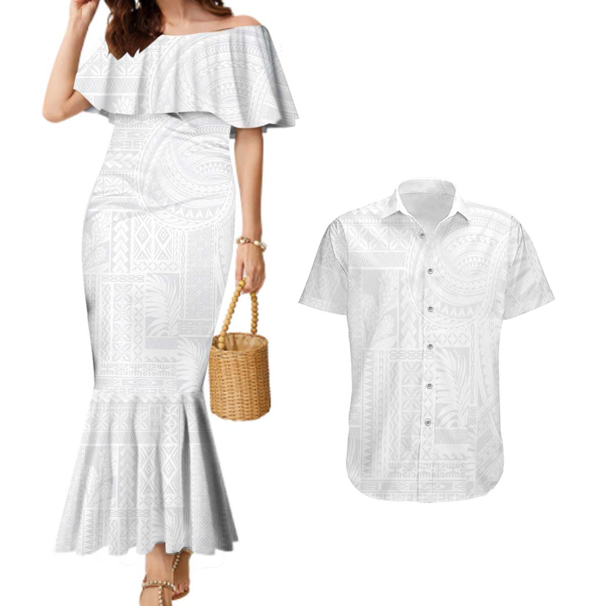 Lotu Tamaiti Samoan Art Tattoo Siapo Pattern Couples Matching Mermaid Dress and Hawaiian Shirt LT03 White - Polynesian Pride