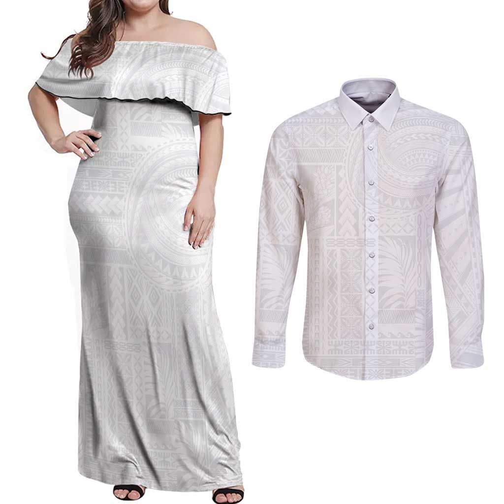 Lotu Tamaiti Samoan Art Tattoo Siapo Pattern Couples Matching Off Shoulder Maxi Dress and Long Sleeve Button Shirt LT03 White - Polynesian Pride