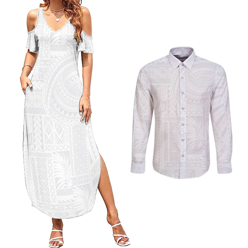 Lotu Tamaiti Samoan Art Tattoo Siapo Pattern Couples Matching Summer Maxi Dress and Long Sleeve Button Shirt LT03 White - Polynesian Pride