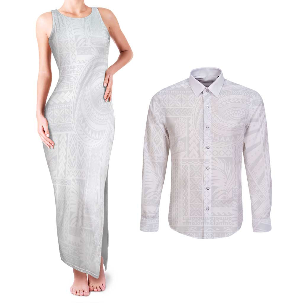 Lotu Tamaiti Samoan Art Tattoo Siapo Pattern Couples Matching Tank Maxi Dress and Long Sleeve Button Shirt LT03 White - Polynesian Pride